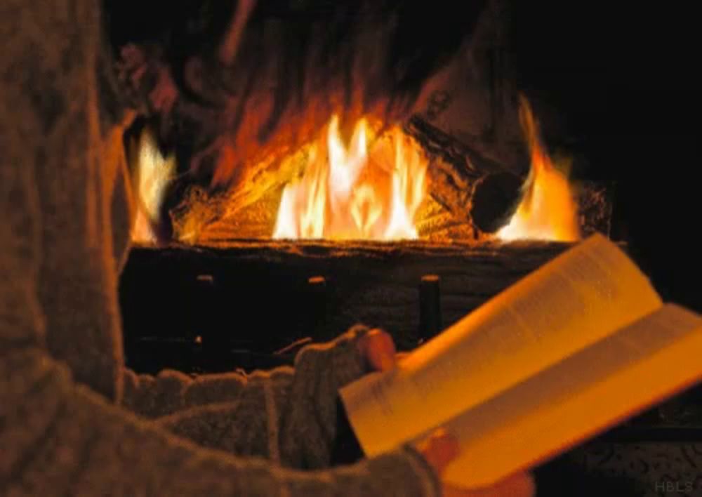 a person is reading a book in front of a fire