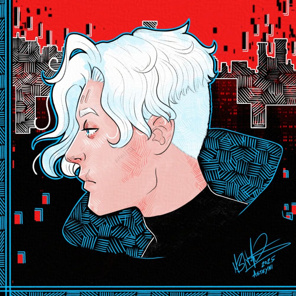 Digital art of a young man in profile. He has short, white hair that is tousled and pale skin. He is portrayed against a cityscape with a red sky and red buildings, with a bit of a glitch effect. The art is covered with little hash shading for texture and depth.