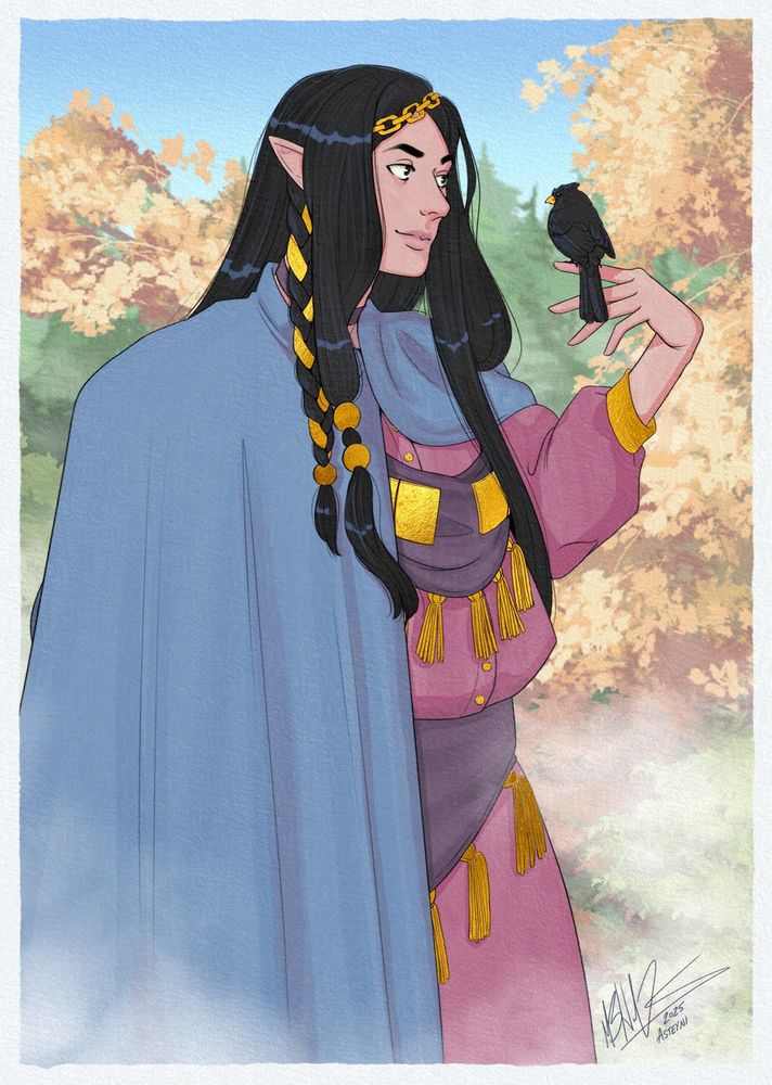 Digital painting of a male elf with light skin and black hair standing in a misty, autumnal forest and holding a small black bird perched on his finger. He wears a blue cloak and light red robes, and he has gold accents in simulated gold leaf.