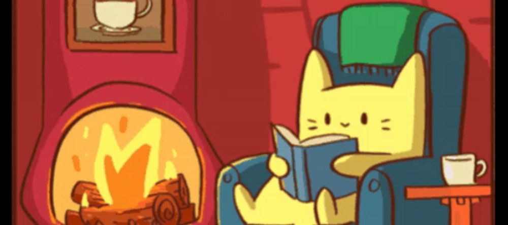 a cartoon cat is sitting in a chair reading a book in front of a fireplace