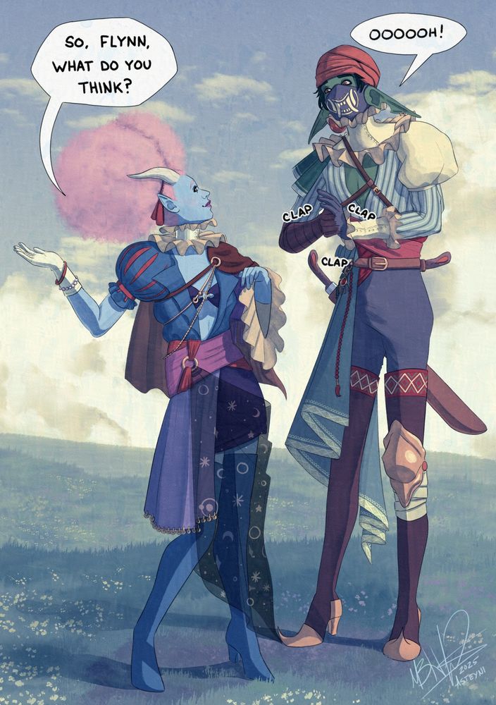 Digital watercolor painting of two dungeons and dragons characters standing in a field. The lighting is soft and dreamy. On the left is a female tiefling with blue skin and pink hair worn in a pompom style. She is posing with her hip cocked. On the right is an extremely tall and lanky githzerai with green skin, red eyes, long downturned and pointed ears, and dark green hair wrapped in a turban. They are both draped in fabric, featuring poofy sleeves, ruffles, capes and cloaks, and other embellishments. The speech bubbles read "So, Flynn, what do you think?" and "ooooh!" as Flynn claps with excitement.