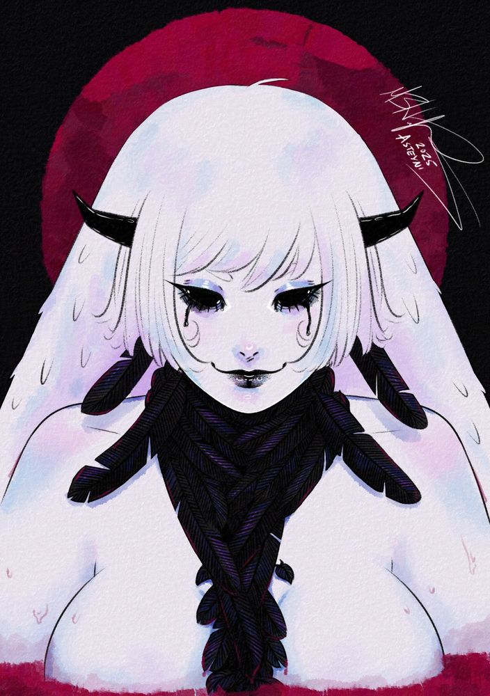 Digital art of a pale white demon girl with slightly opalescent skin/feathers. Her eyes are stark black and dripping ichor. She has fringe, black horns, and two large wings extending from the back of her head. Her neck is wrapped in black, raven-like feathers like a scarf. She is in a pool of red water, and a red moon hangs ominously behind her.