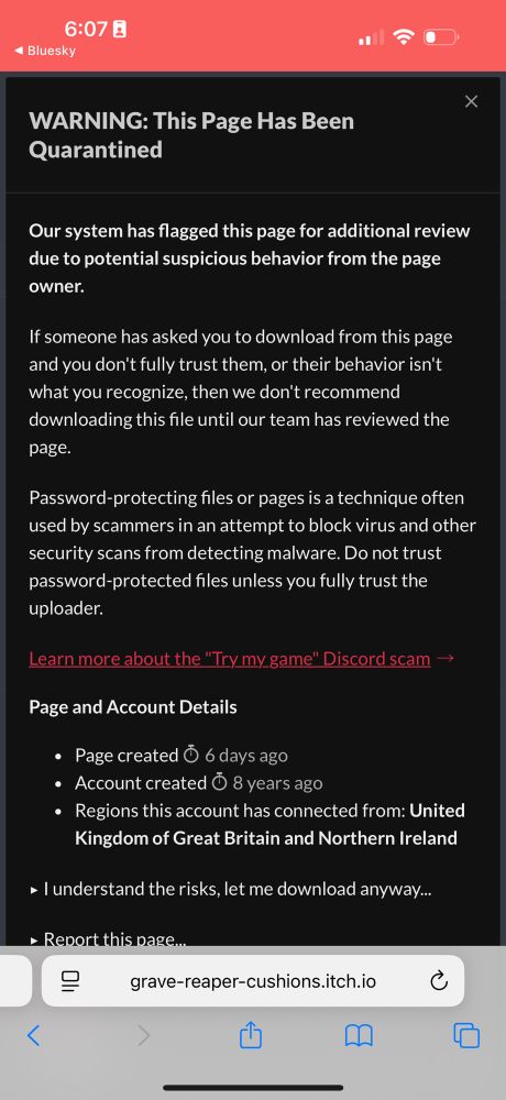 Screenshot of a download warning from itch.io