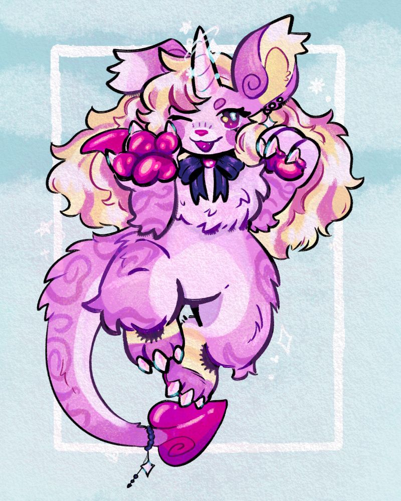 a drawing of a pink anthropomorphic character on a blue background. they are of indeterminate species, with one floppy ear, bat wings, paws, and a forked tail. they are winking and holding a paw up to the viewer.