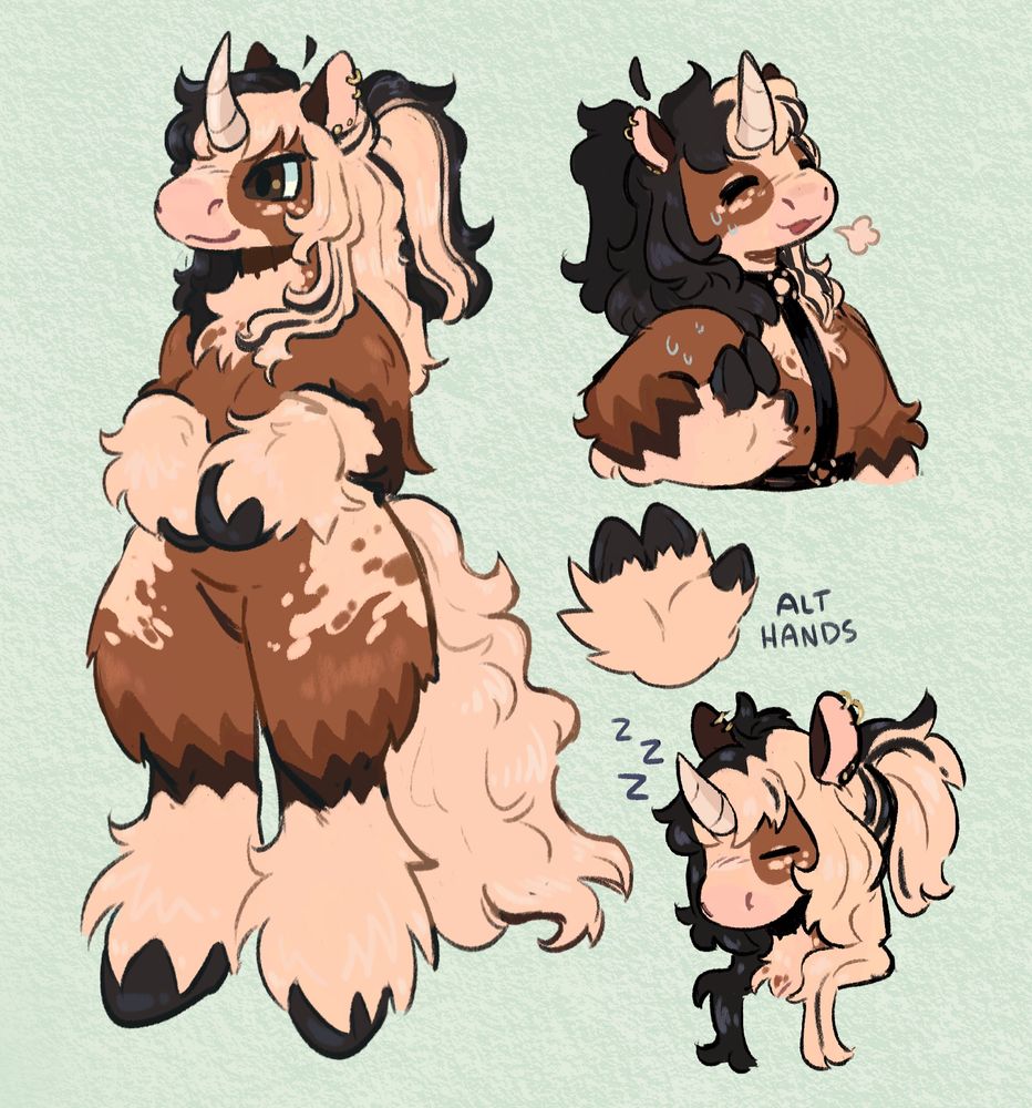 a collection of sketches of an anthropomorphic horse. they are primarily brown with white spots, and a black and white mane. on the left is a fullbody showing their markings. in the top right is them wearing a harness and sweating while they wave at an unseen person. in the bottom right is them sleeping. between these things is a drawing of their hood hand for reference.