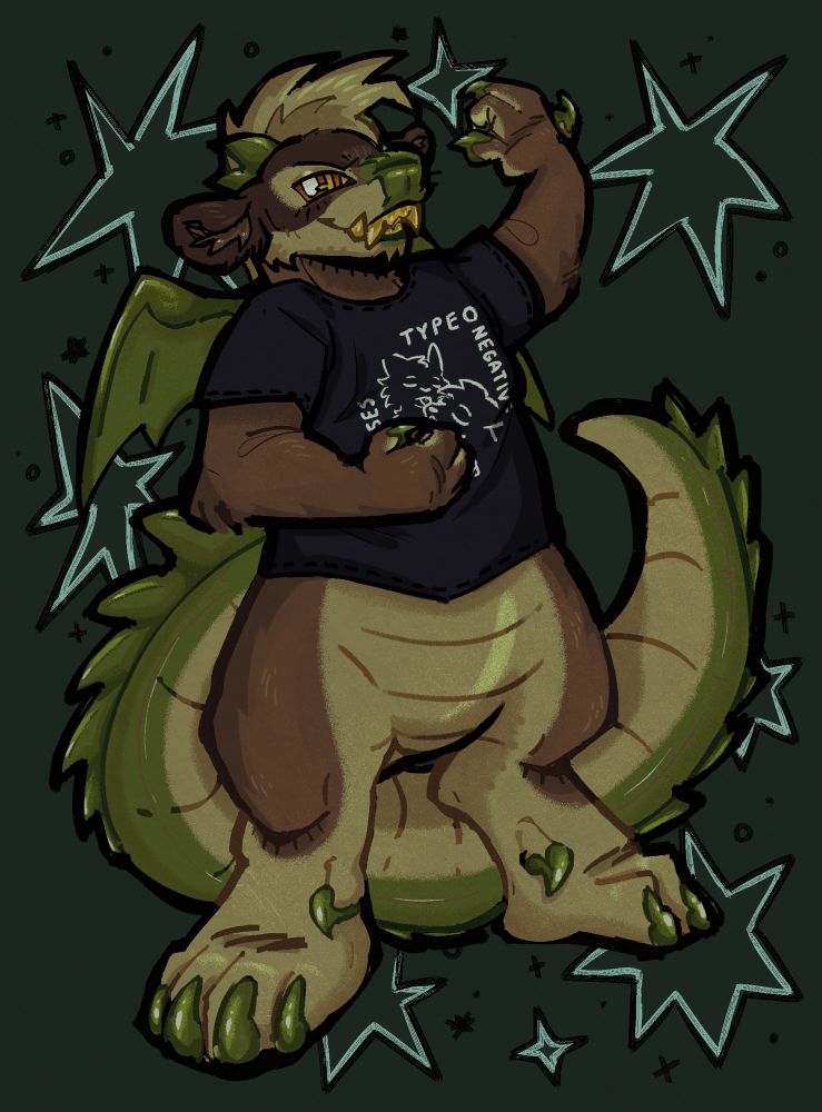 A drawing of an anthropomorphic crocodile cow. They are primarily brown, khaki, and green. They are doing an air guitar motion and grinning at the viewer. 