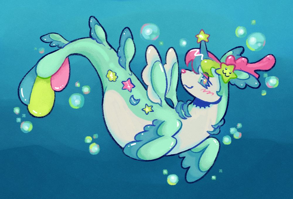 A digital drawing of a unicorn seahorse creature. They are swimming and smiling gently at the viewer. Their color palette is primarily cyan, white, pink, blue, and yellow. There are bubbles surrounding them.