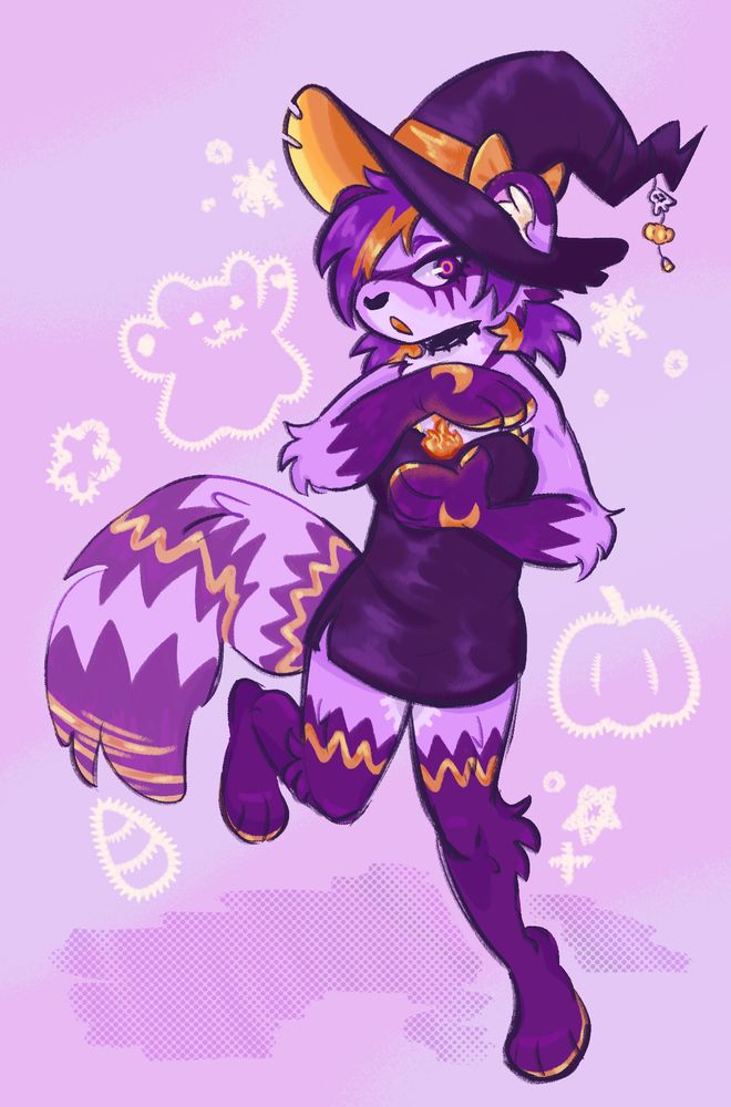 A drawing of an anthropomorphic purple raccoon. She is wearing a dark purple witch costume and preparing a fireball spell. She is looking surprised at something in the distance.