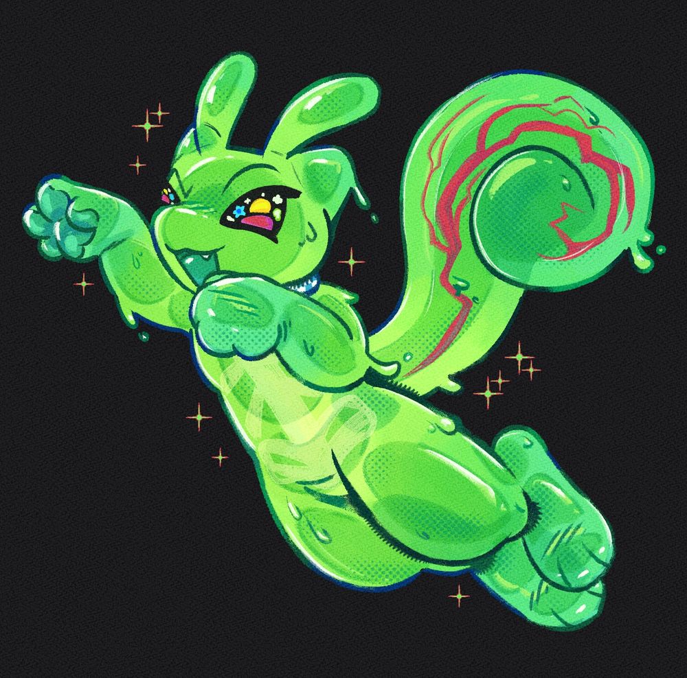 A drawing of a green, cat-like creature. Their body is made up of a translucent slime. They are pouncing and smiling at something offscreen.