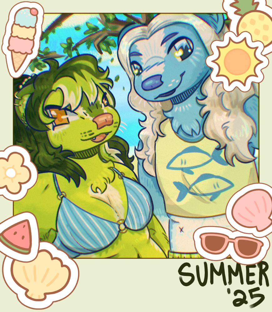 A drawing in the style of a polaroid picture showing two anthropomorphic skunks. The one on the right is blue and white and wearing green swim trunks and a cropped tanktop with two fish on it. The one on the left is green and white, and is wearing a blue and white striped bikini top. The picture is decorated with summer themed stickers around the borders.