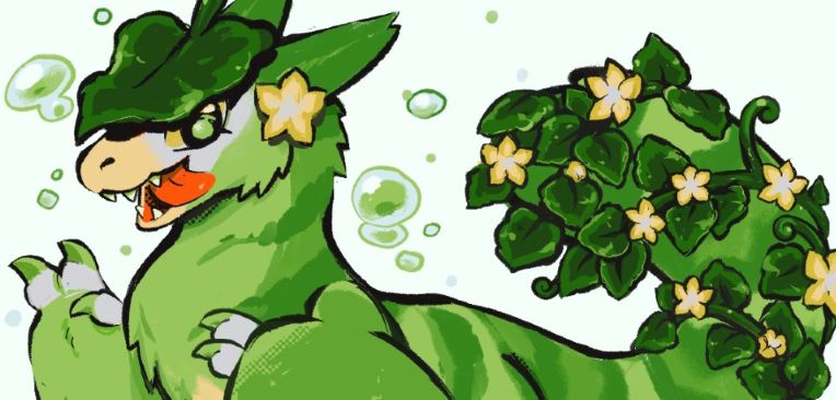 A cropped drawing of a green, feathered dinosaur. They are covered in melon vines and flowers. They are holding one clawed hand up and sticking their tongue out.