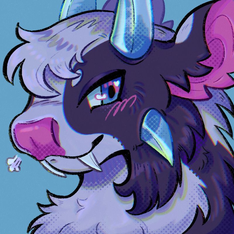 An icon of Día the yak dragon. His head is turned to the left and he is looking into the distance and smiling.