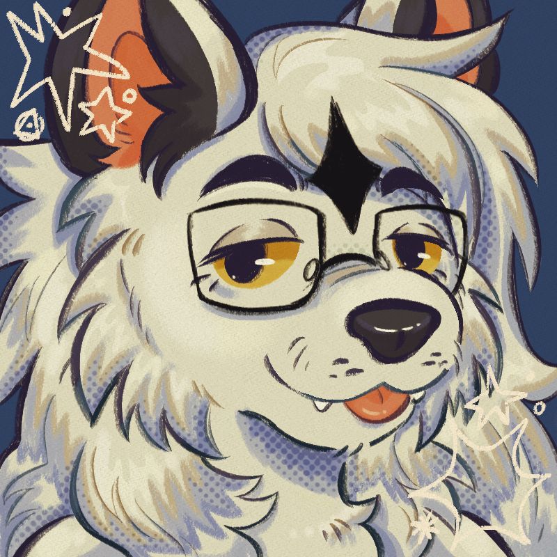 An icon of a white anthropomorphic wolf. They are smiling softly and sticking their tongue out slightly. 