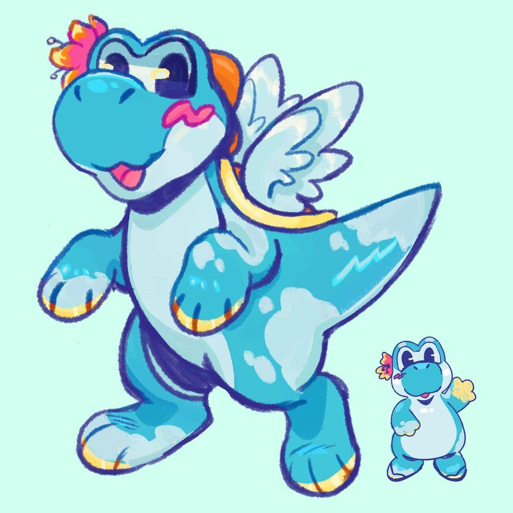 A drawing of a blue yoshi from the super mario series. They have a white belly and spots, orange spikes, and an orange and yellow shell with white wings on it. They are mid prance and smiling at the viewer. In the bottom right is a chibi of the same design waving at the camera.