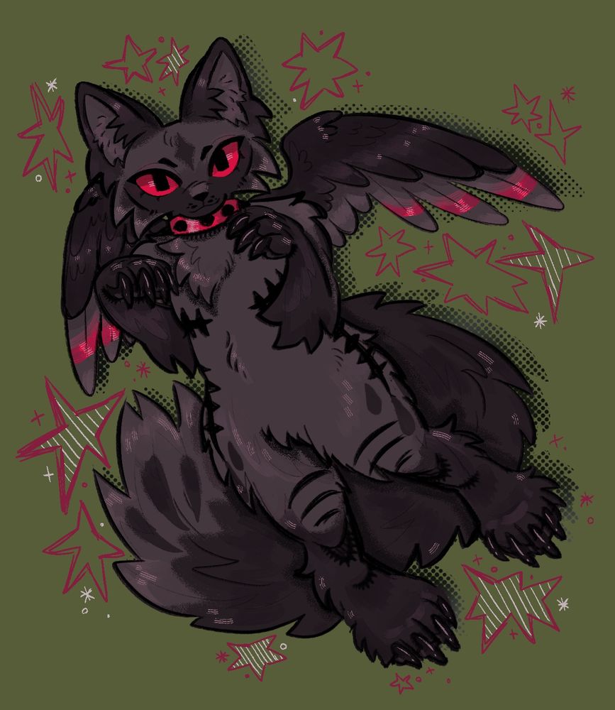 A drawing of an anthropomorphic cat on a green background. The cat is gray and black, with bright red accents.