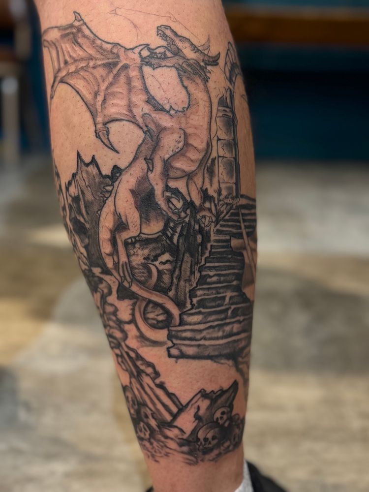 Dragon, staircase, battleground, skulls, black and grey, tattoo, work in progress, leg sleeve, art 