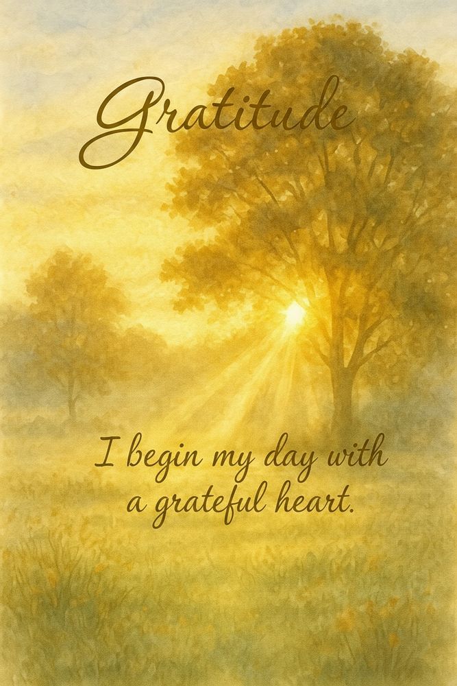 🌞 Core Visual Concept

Scene: The soft golden glow of an afternoon sun filtering gently through a lush forest canopy — dappled light, warm and peaceful.

Design Layout:

Top (Title): ✨ Gratitude — elegant, minimalist serif font with soft glow.

Center (Visual Focus): Sunlight rays breaking through the trees, inviting calm and warmth.

Bottom (Affirmation): “I begin my day with a grateful heart.” — soft script or handwritten style for warmth and authenticity.

Series Tag (Footer): 🌿 Breathe & Begin — A Daily Affirmation by Your Happy Escape.