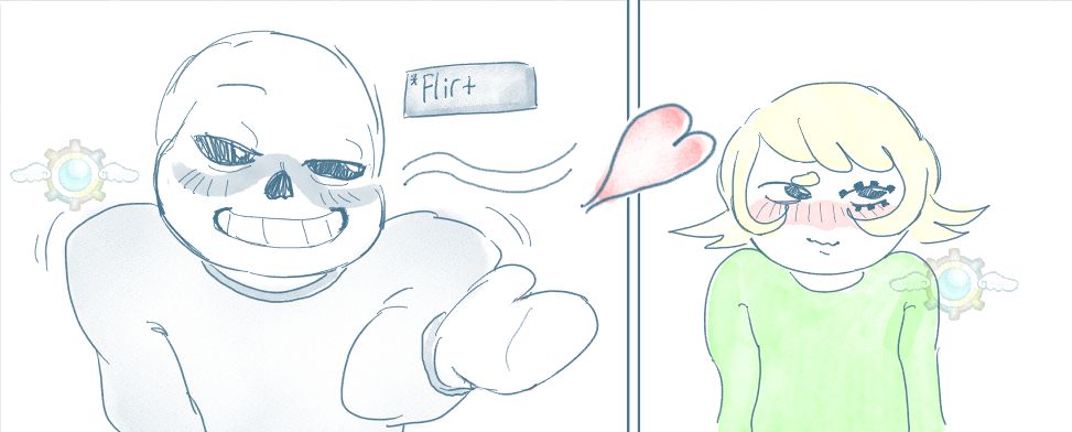 a drawing of sans the skeleton blowing a kiss to luckieangelz persona. with the text box "flirt" next to sans