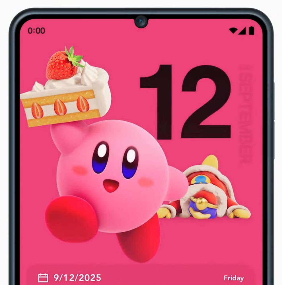 Kirby holding a strawberry cake in front of a fallen King Dedede. From the Nintendo Today! app.
