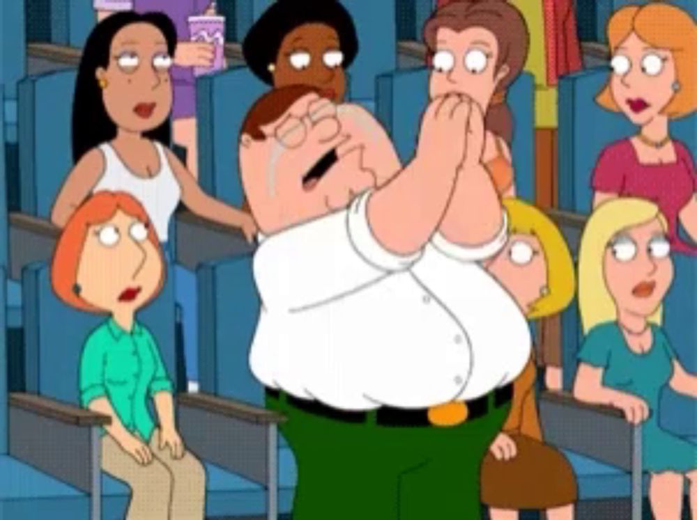 a cartoon of peter griffin crying in front of a crowd of people