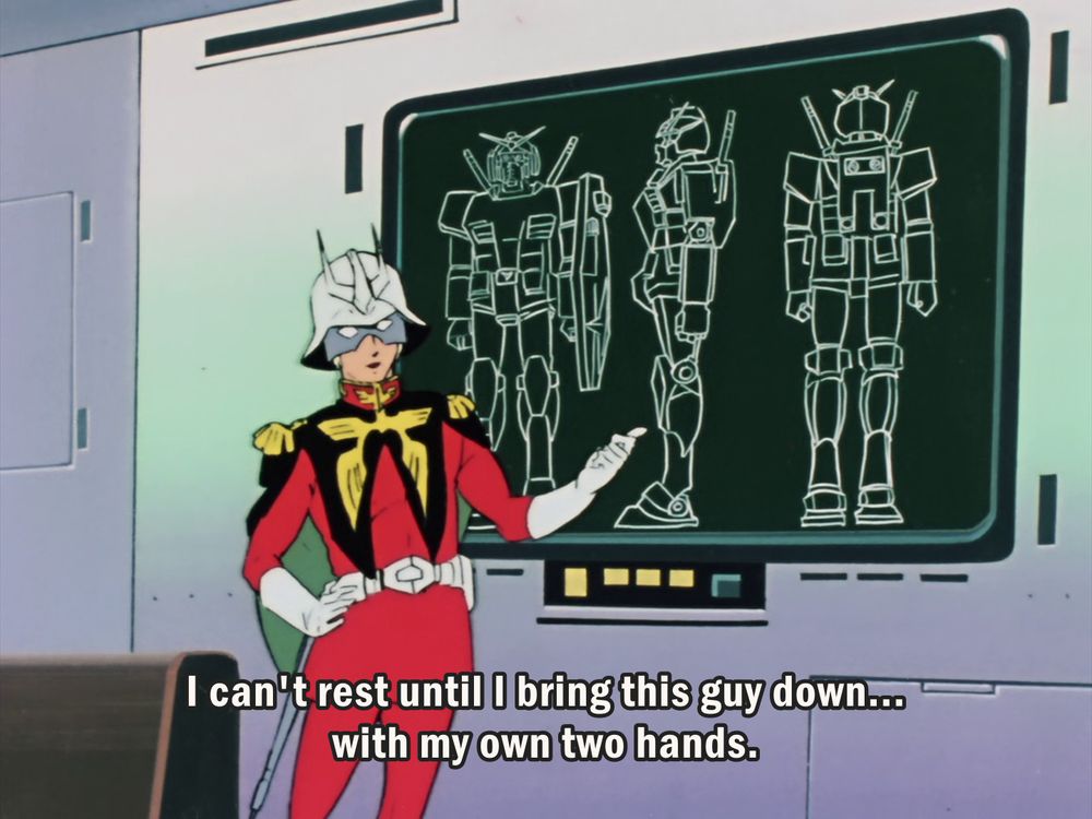Char, hand on hip, gesturing to the Gundam on a screen. "I can't rest until I bring this guy down... with my own two hands."