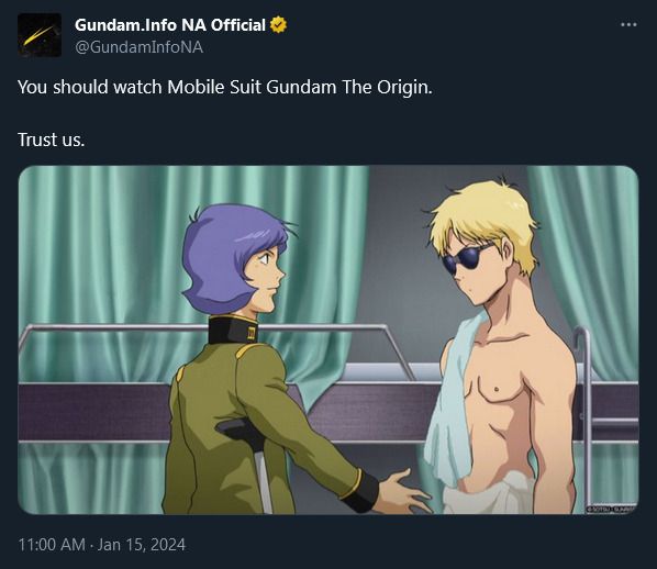 [pic of Garma with his hand reaching out towards Char's dick] "You should watch Mobile Suit Gundam The Origin. Trust us.