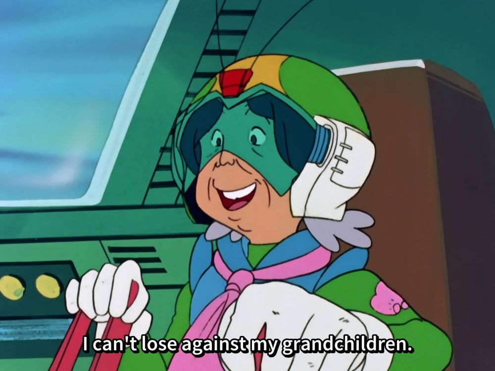 Grandma flying and having the time of her life. "I can't lose against my grandchildren."