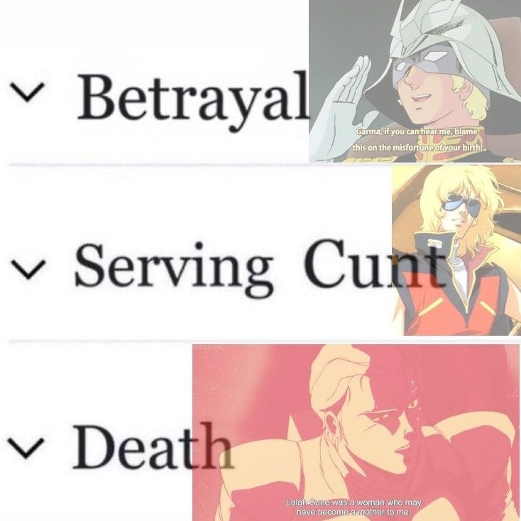Meme of a Wikipedia page showing sections called "Betrayal", "Serving Cunt", "Death", with images of Char betraying Garma, Quattro Bajeena, and Char in Char's Counterattack, respectively. 