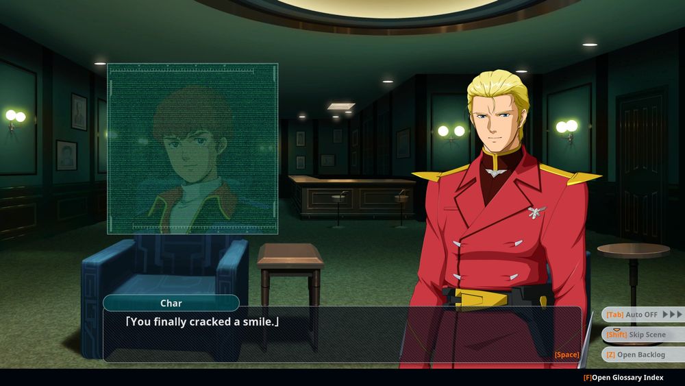 Amuro, in a transmission: [smiling] Char: 