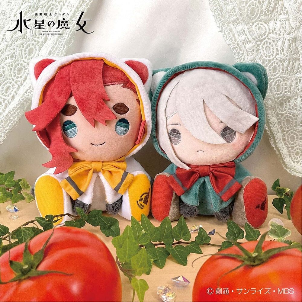 Suletta and Miorine plushies. with tomatoes.