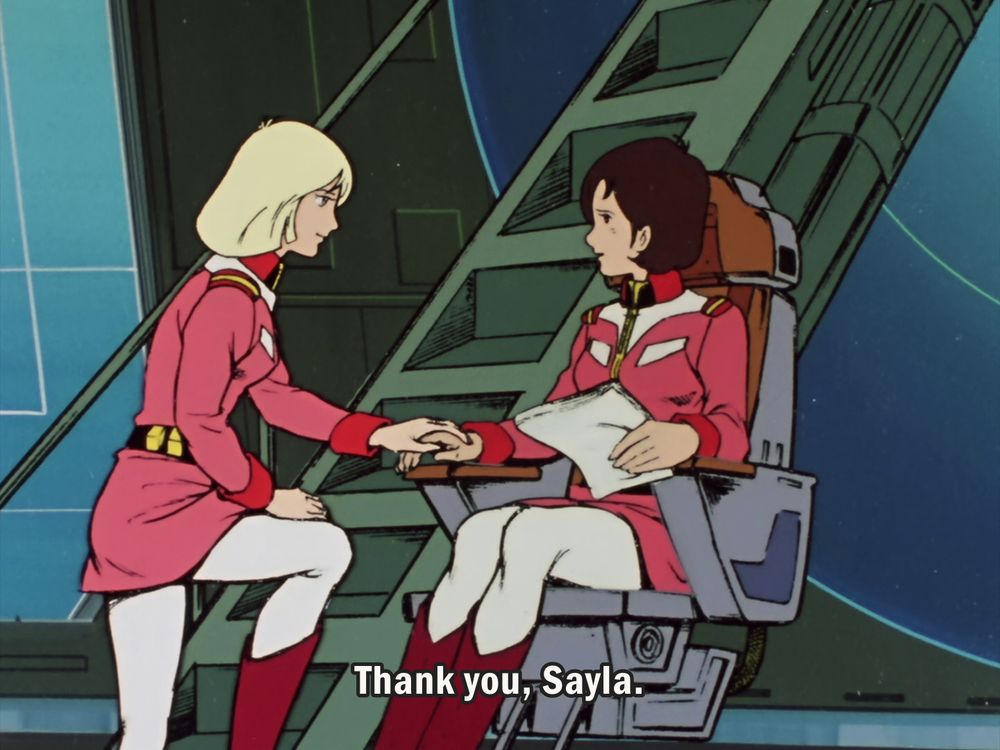 Mirai saying "Thank you, Sayla" while Sayla holds her hand