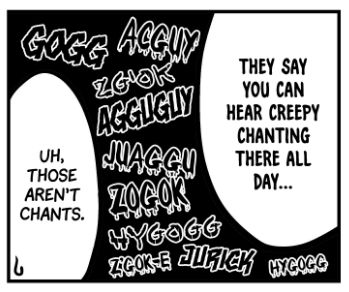 manga panel. "They say you can hear creepy chanting there all day..." [various amphibious mobile suit names] "Uh, those aren't chants."