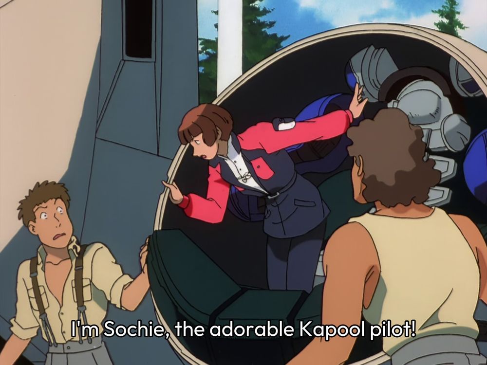 Sochie leaning out of a cockpit. "I'm Sochie, the adorable Kapool pilot!"