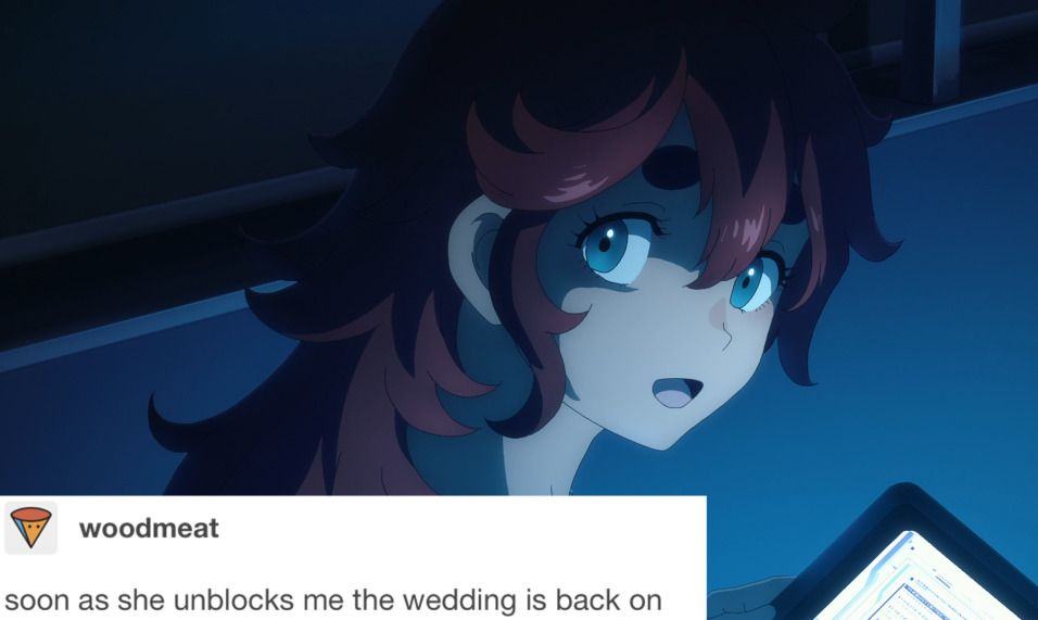 Image of Suletta Mercury with a tumblr post added. The post says "as soon as she unblocks me the wedding is back on"