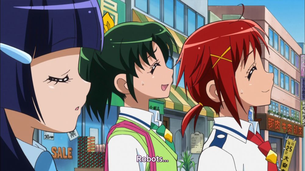 Smile Precure screenshot.  Three girls (Reika, Nao, Akane): "Robots..."