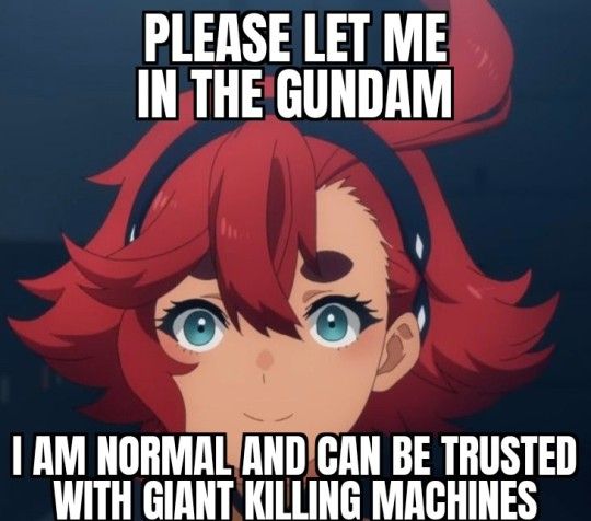 A meme of Suletta Mercury that says "Please let me in the Gundam. I am normal and can be trusted with giant killing machines"