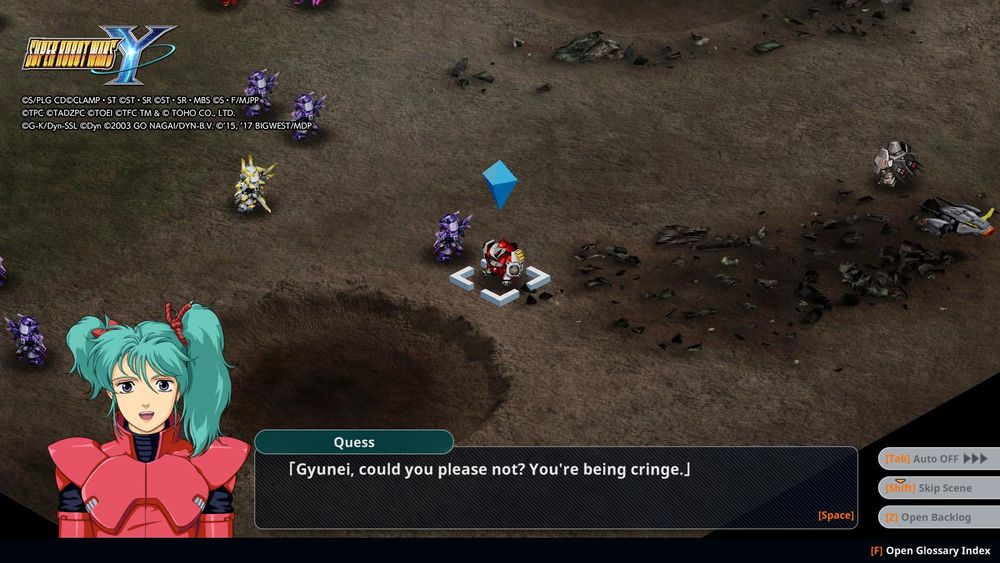SRW Y screenshot. Quess: "Gyunei, could you please not? You're being cringe."