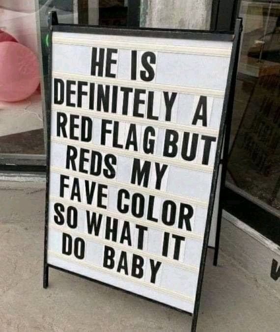 A sign that says "He is definitely a red flag but red's my fave color so what it do baby" 