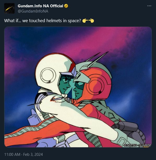 "What if... we touched helmets in space? 👉👈" [pic of Char and Amuro gay headbump]
