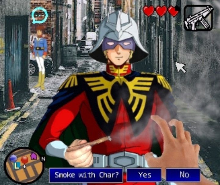a "video game" style image asking you if you want to Smoke with Char. He's holding a blunt and Amuro is in the background 