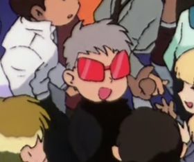 Close-up of the kid dressed like Harry Ord