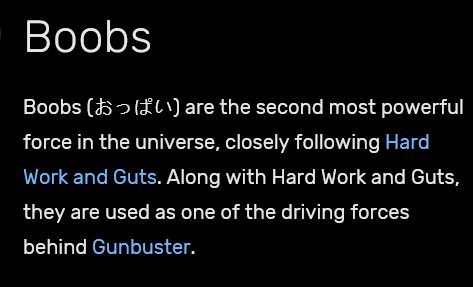 Boobs

Boobs (oppai) are the second most powerful force in the universe, closely following Hard Work and Guts. Along with Hard Work and Guts, they are used as one of the driving forces behind Gunbuster.