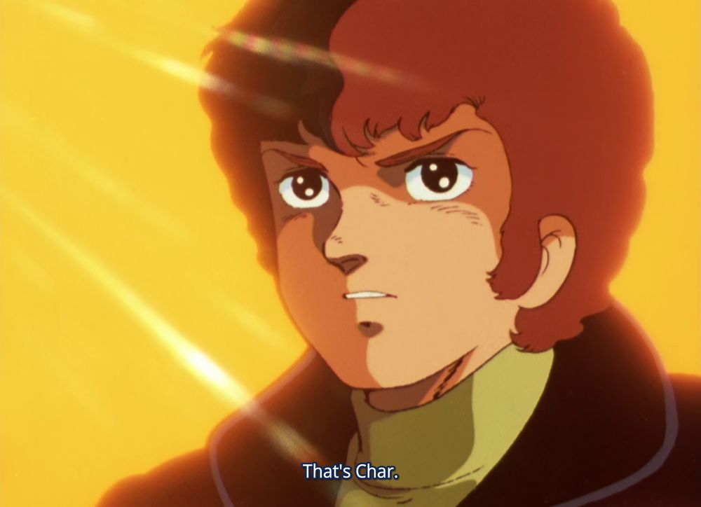 Amuro, backlit by gold: "That's Char."