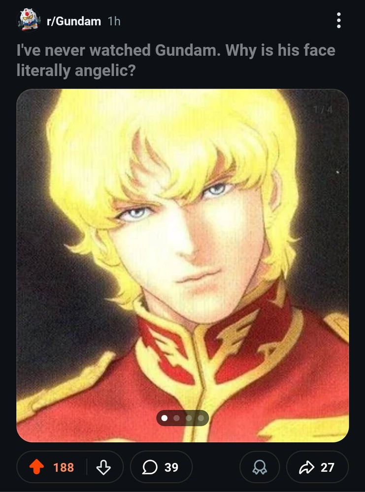 r/Gundam post.  "I've never watched Gundam. Why is his face literally angelic?" [image of Char, looking very angelic]