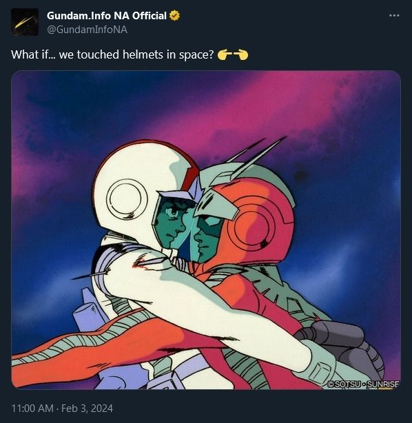 Gundam Info NA Official tweet: what if... We touched helmets in space? 👉👈 with an image of Char and Amuro bumping helmets in the climax of Mobile Suit Gundam 
