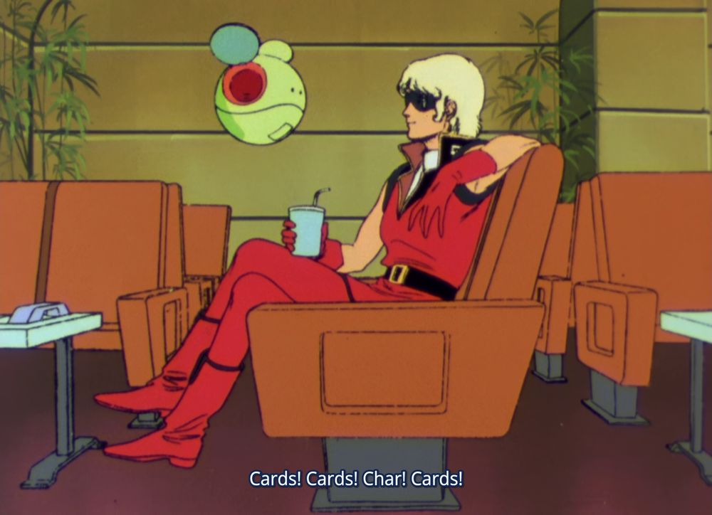 Zeta Gundam screenshot. Haro: "Cards! Cards! Char! Cards!"