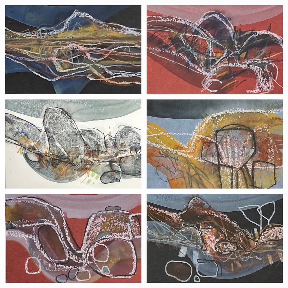 Six small drawings in a semi abstract style of the Cornish Rocky landscape