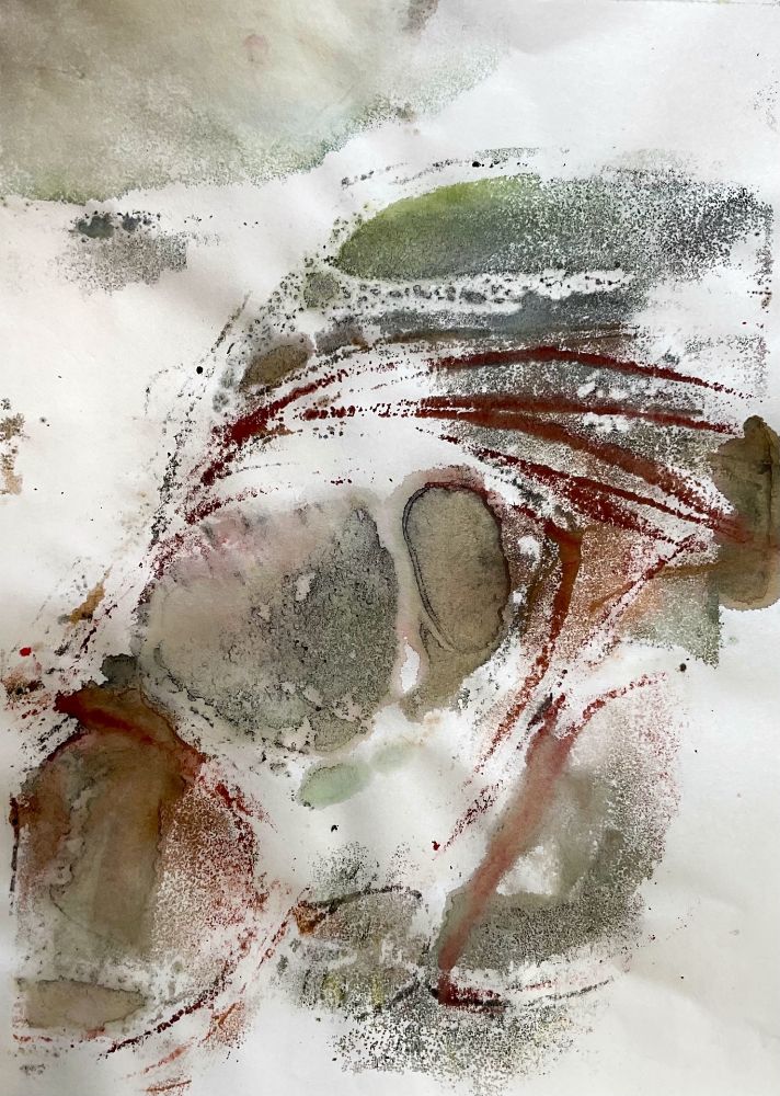 Very abstract monoprint of a rocky landscape on rice paper