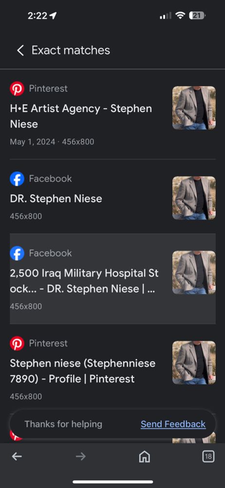 A screen shot of many social media sites using this man’s image but a different name. Looks scammy AF.