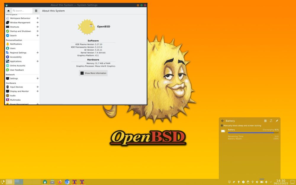 KDE Plasma desktop running on OpenBSD, screenshot by Rafael Sadowski